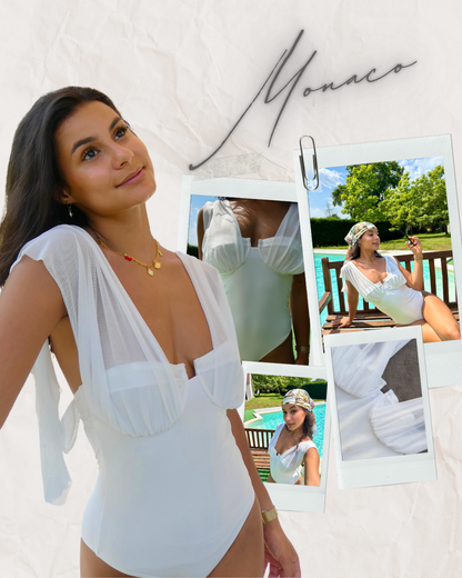 Swimsuit Monaco intemporel. Chic et raffiné. Voilage sur les épaules – Collection Swimwear I Heart Creation