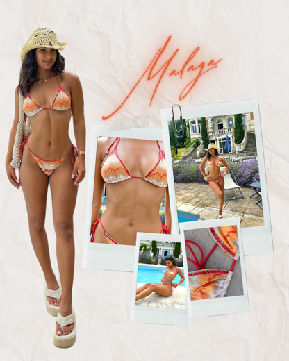 Maillot de bain bikini triangle, rétro chic. Tissu imprimé géométrique vibrant en nuance d'orange, Rouge et blanc – Collection Swimwear I Heart Creation