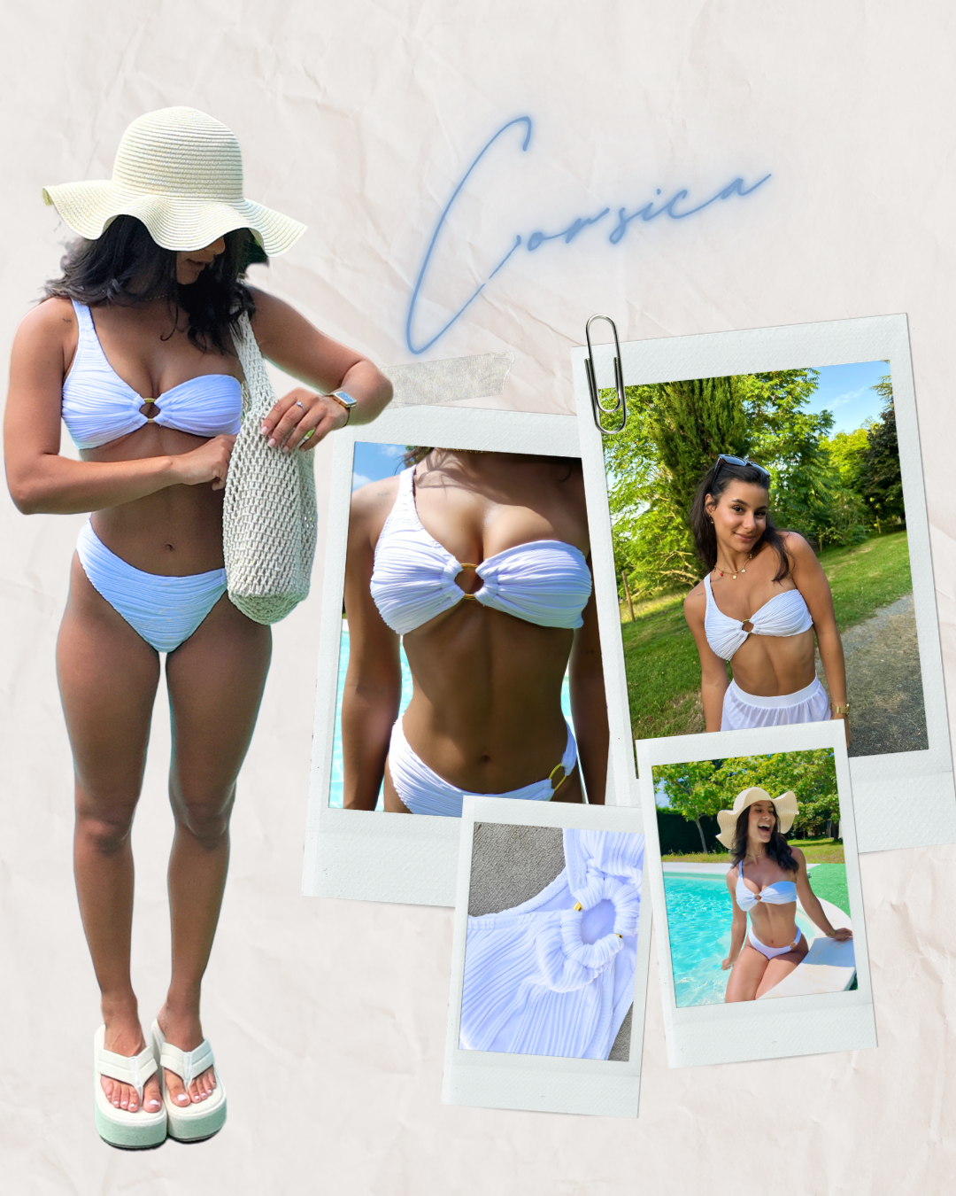 CORSICA Swimsuit 2 pièces blanc immaculé, asymétrique avec anneau doré au centre sur le haut et sur le coté  au bas – Collection Swimwear I Heart Creation